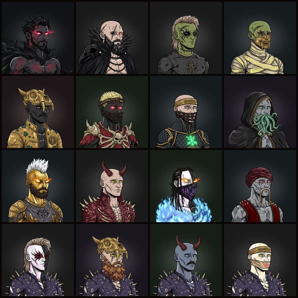 A grid of unique Fallen Neogods character art